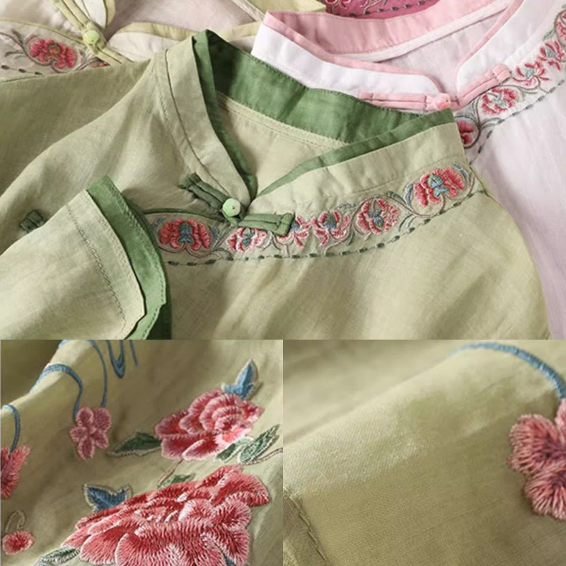 Foviel Vintage Zen Stickerei Pflanze Floral Muster Chinesisch Frog-Button Design Dreiviertel Ärmel Damen Baumwolle Leinen Hemd