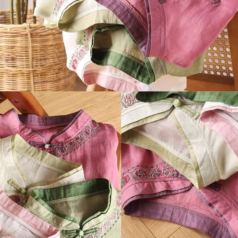 Foviel Vintage Zen Stickerei Pflanze Floral Muster Chinesisch Frog-Button Design Dreiviertel Ärmel Damen Baumwolle Leinen Hemd