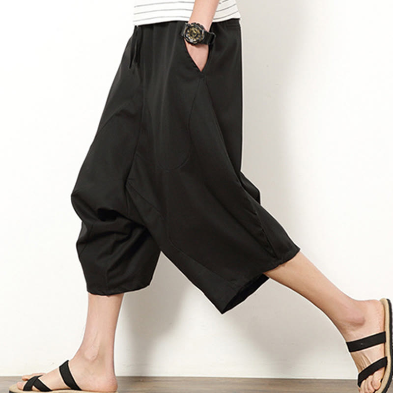 Buddha Stones Spring Plain Simple Patchwork Design Drawstring Men's 7-8 Length Wide Leg Pants With Pockets - image 20
