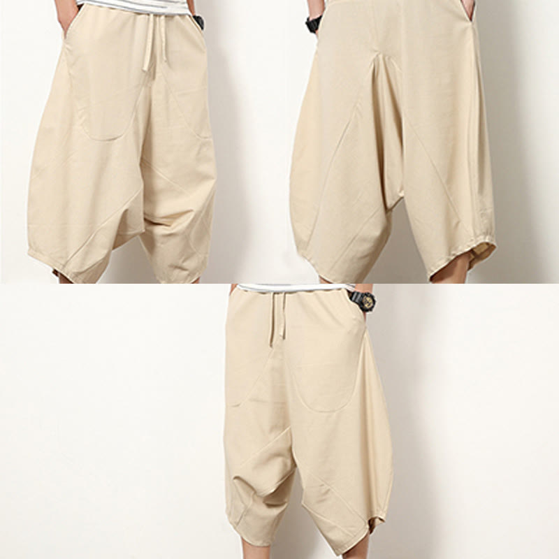 Buddha Stones Spring Plain Simple Patchwork Design Drawstring Men's 7-8 Length Wide Leg Pants With Pockets - image 10