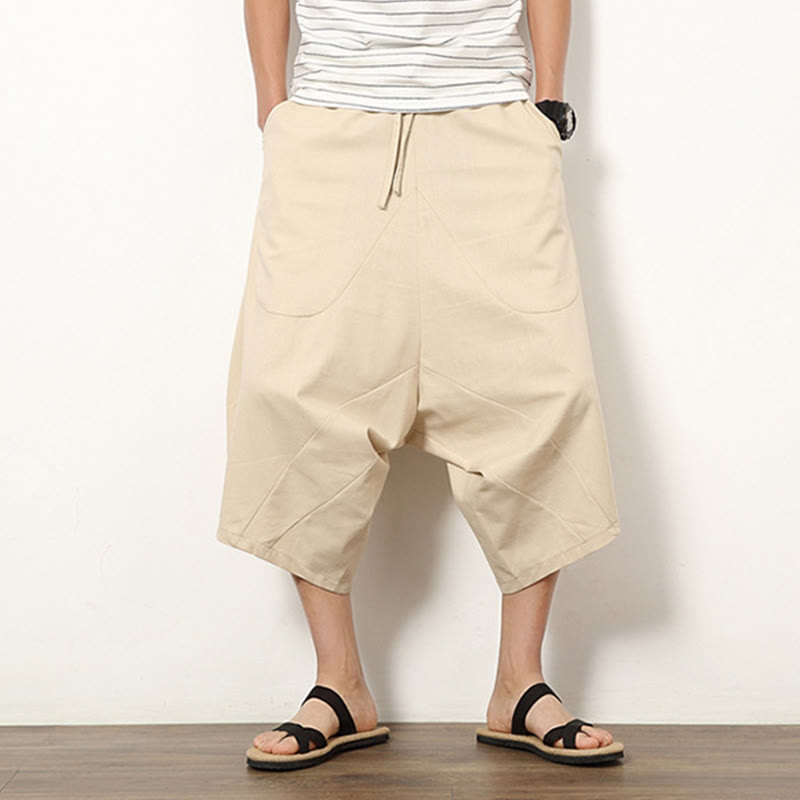 Buddha Stones Spring Plain Simple Patchwork Design Drawstring Men's 7-8 Length Wide Leg Pants With Pockets - image 7