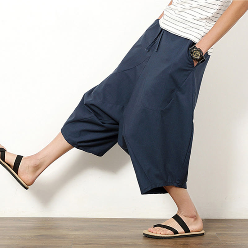 Buddha Stones Spring Plain Simple Patchwork Design Drawstring Men's 7-8 Length Wide Leg Pants With Pockets - image 2