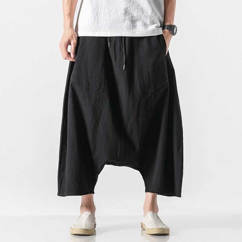 Buddha Stones Casual Low Crotch Design Drawstring Men's 7-8 Length Wide Leg Pants With Pockets - Black - US/UK/AU46,EU56 (5XL) - image 28