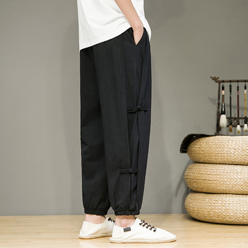 Foviel Summer Vintage Drawstring Chinese Frog-Button Design Men's Cotton Linen Harem Pants With Pockets