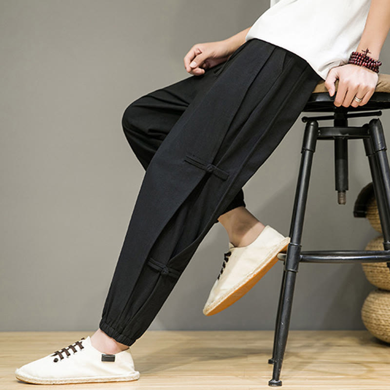 Foviel Summer Vintage Drawstring Chinese Frog-Button Design Men's Cotton Linen Harem Pants With Pockets