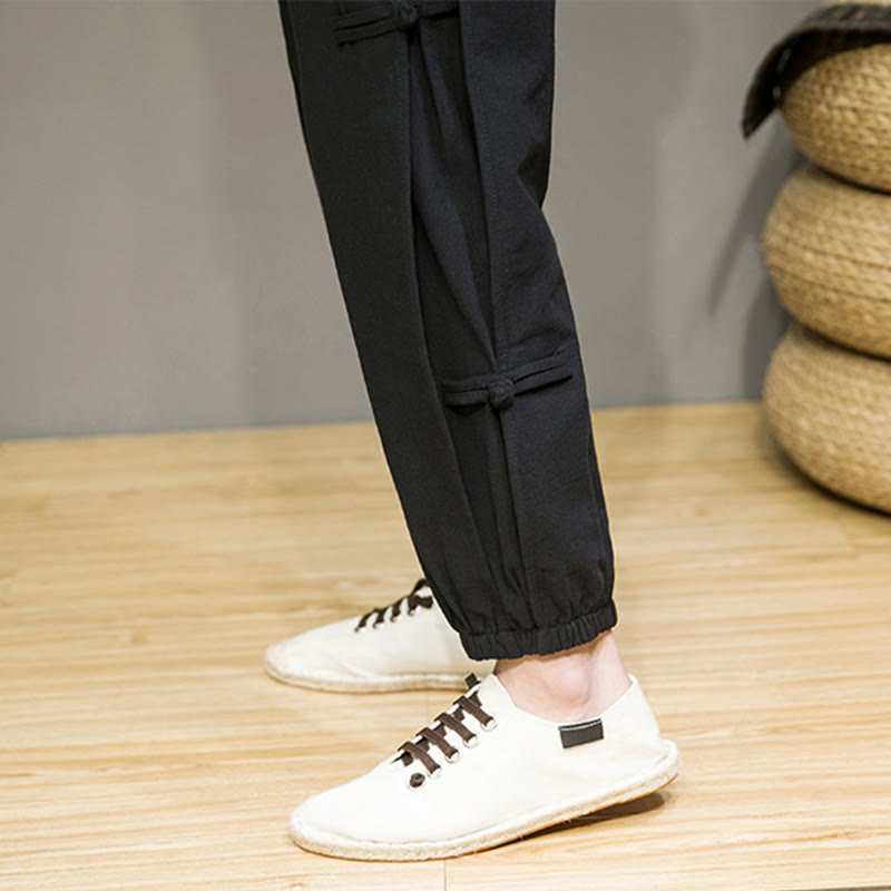 Foviel Summer Vintage Drawstring Chinese Frog-Button Design Men's Cotton Linen Harem Pants With Pockets