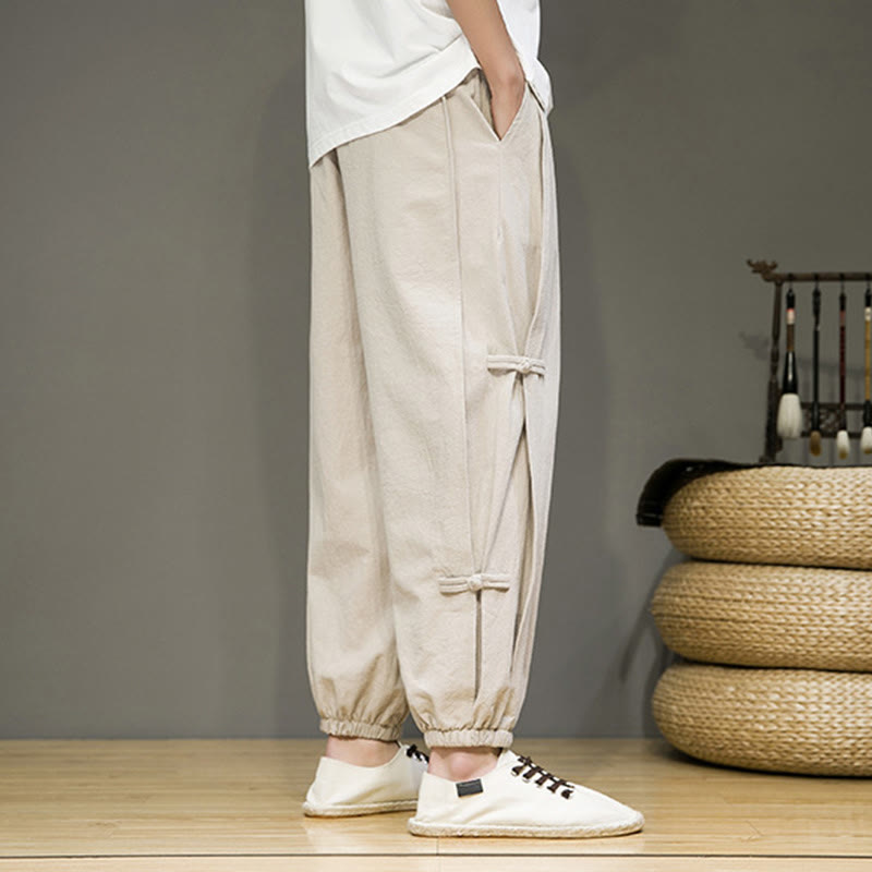 Foviel Summer Vintage Drawstring Chinese Frog-Button Design Men's Cotton Linen Harem Pants With Pockets