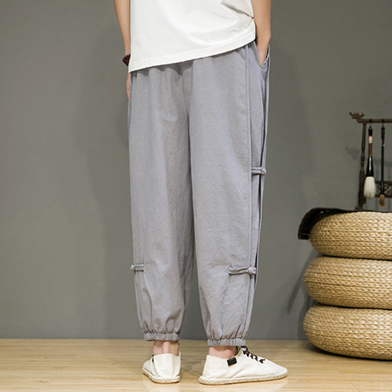 Foviel Summer Vintage Drawstring Chinese Frog-Button Design Men's Cotton Linen Harem Pants With Pockets