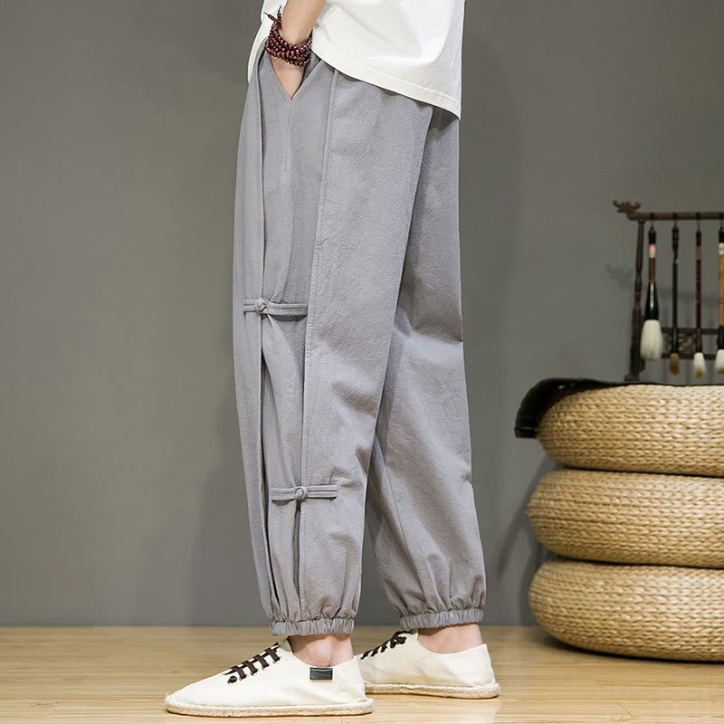 Foviel Summer Vintage Drawstring Chinese Frog-Button Design Men's Cotton Linen Harem Pants With Pockets