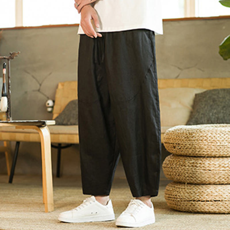 Pantalon harem décontracté Foviel pour homme, style rétro, couleur unie, design simple, taille élastique à cordon, avec poches, en lin