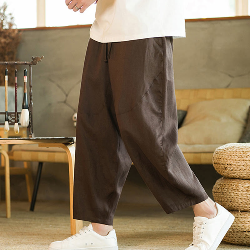 Pantalon harem décontracté Foviel pour homme, style rétro, couleur unie, design simple, taille élastique à cordon, avec poches, en lin