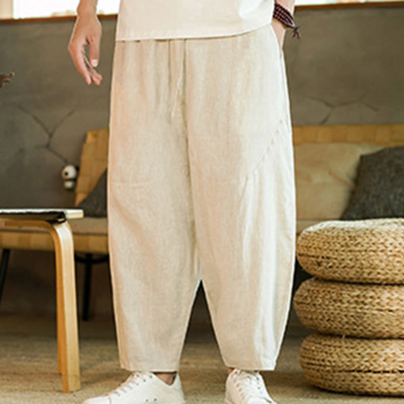 Pantalon harem décontracté Foviel pour homme, style rétro, couleur unie, design simple, taille élastique à cordon, avec poches, en lin