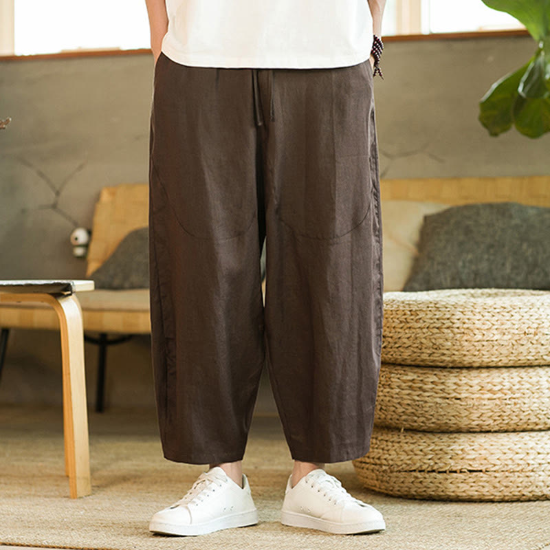 Pantalon harem décontracté Foviel pour homme, style rétro, couleur unie, design simple, taille élastique à cordon, avec poches, en lin