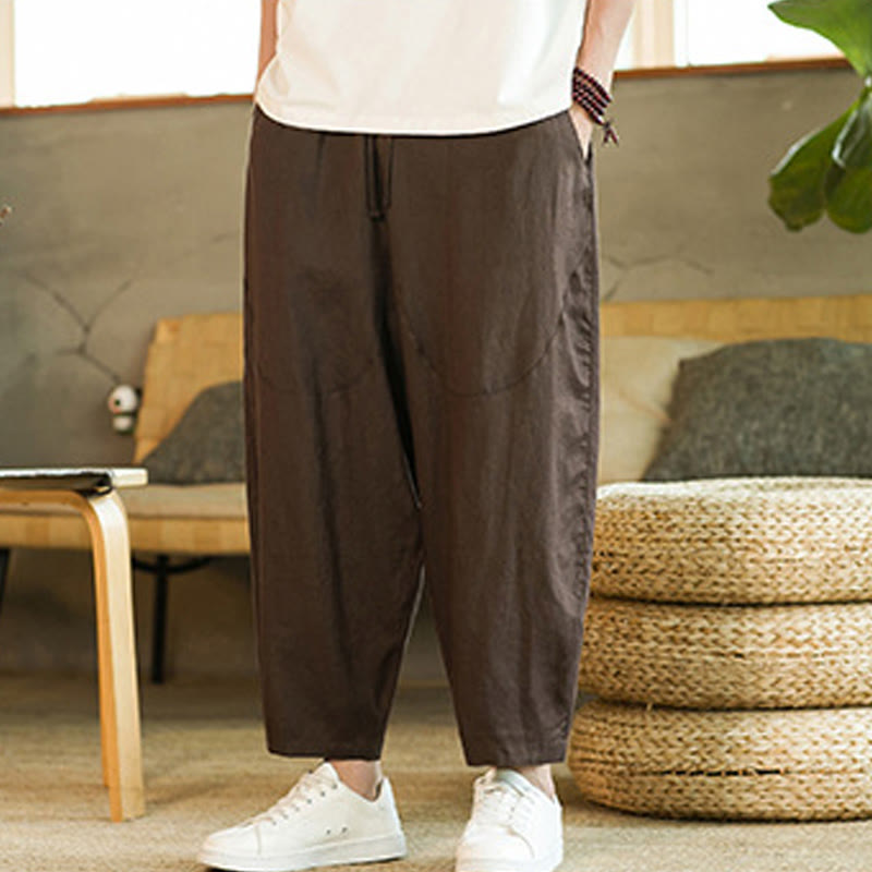 Pantalon harem décontracté Foviel pour homme, style rétro, couleur unie, design simple, taille élastique à cordon, avec poches, en lin
