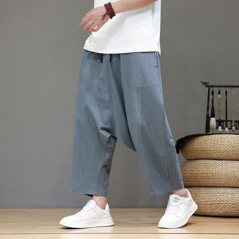 Buddha Stones Casual Plain Low Crotch Design Drawstring Men's Cotton Elastic Waistband Wide Leg Pants With Pockets - SteelBlue - US/UK/AU46,EU56 (5XL) - image 0