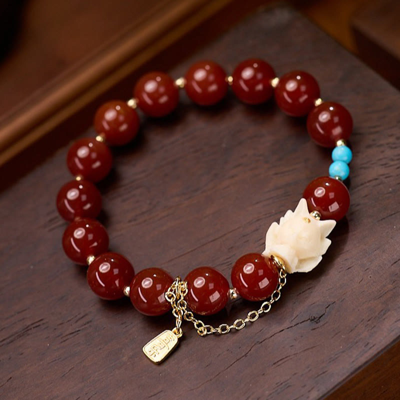 Foviel Nine Tailed Fox Joy Red Agate Ivory Fruit Copper Plated Gold Confidence Bracelet