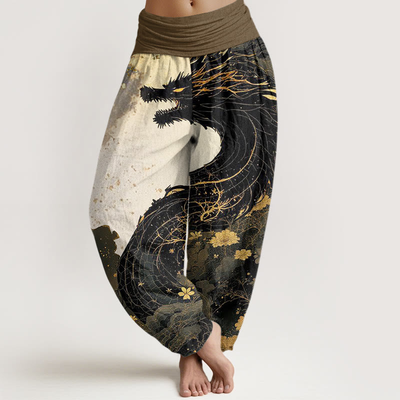 Buddha Stones Casual Dragon Ancient Tree Pattern Women's Elastic Waist Harem Pants - Black - US22,UK/AU26,EU54 (6XL) - image 1