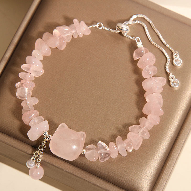 Foviel Natural Pink Crystal Agate Gravel Stone Cat Head Soothing Bracelet