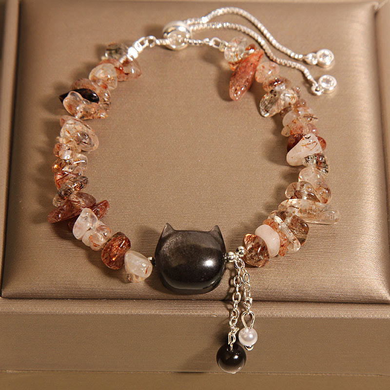 Foviel Natural Pink Crystal Agate Gravel Stone Cat Head Soothing Bracelet