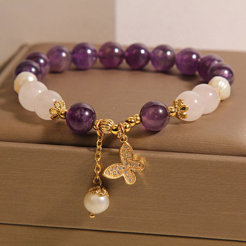 Bracelet à breloque papillon Foviel en améthyste naturelle et perle pour la guérison spirituelle