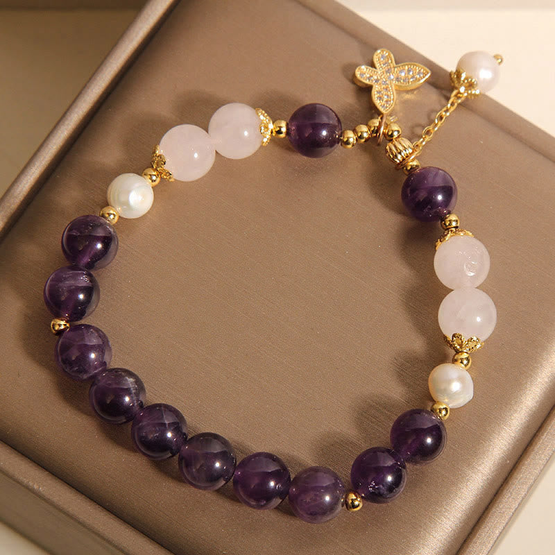 Foviel Natürliche Amethyst Perle Kristall Spirituelle spirituell Schmetterling Charm Armband