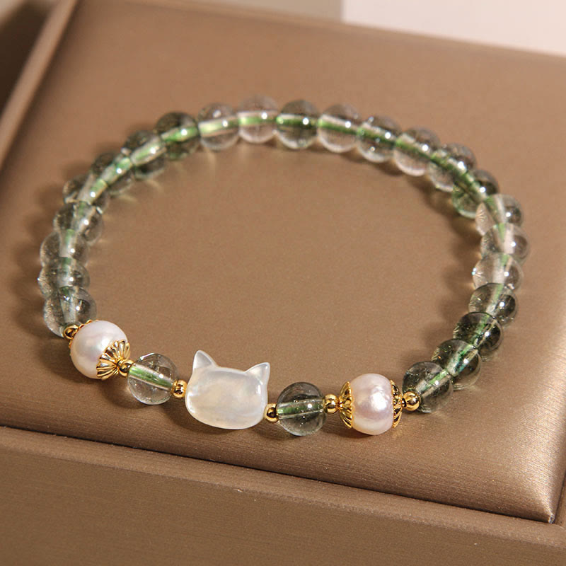 Bracelet porte-bonheur Foviel avec tête de chat en nacre et fantôme vert naturel