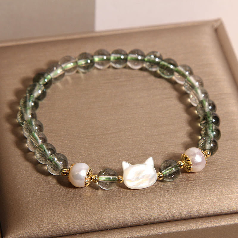 Bracelet porte-bonheur Foviel avec tête de chat en nacre et fantôme vert naturel