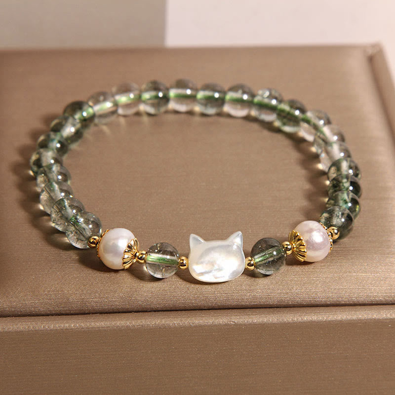 Bracelet porte-bonheur Foviel avec tête de chat en nacre et fantôme vert naturel
