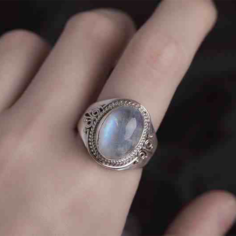 Foviel 925 Sterling Silver Handmade Natural Moonstone Healing Adjustable Ring