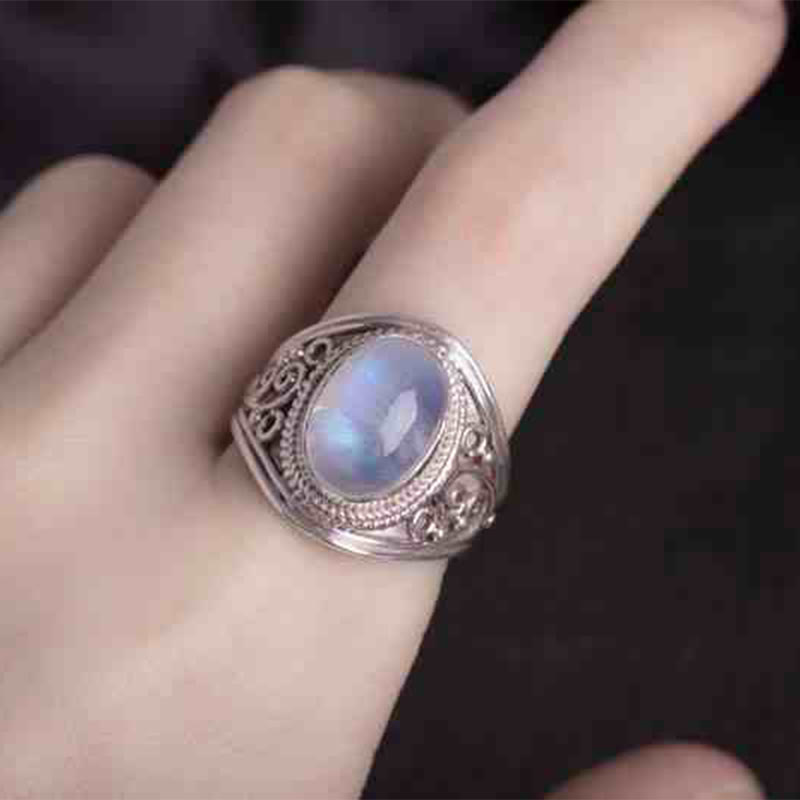 Foviel 925 Sterling Silver Handmade Natural Moonstone Healing Adjustable Ring