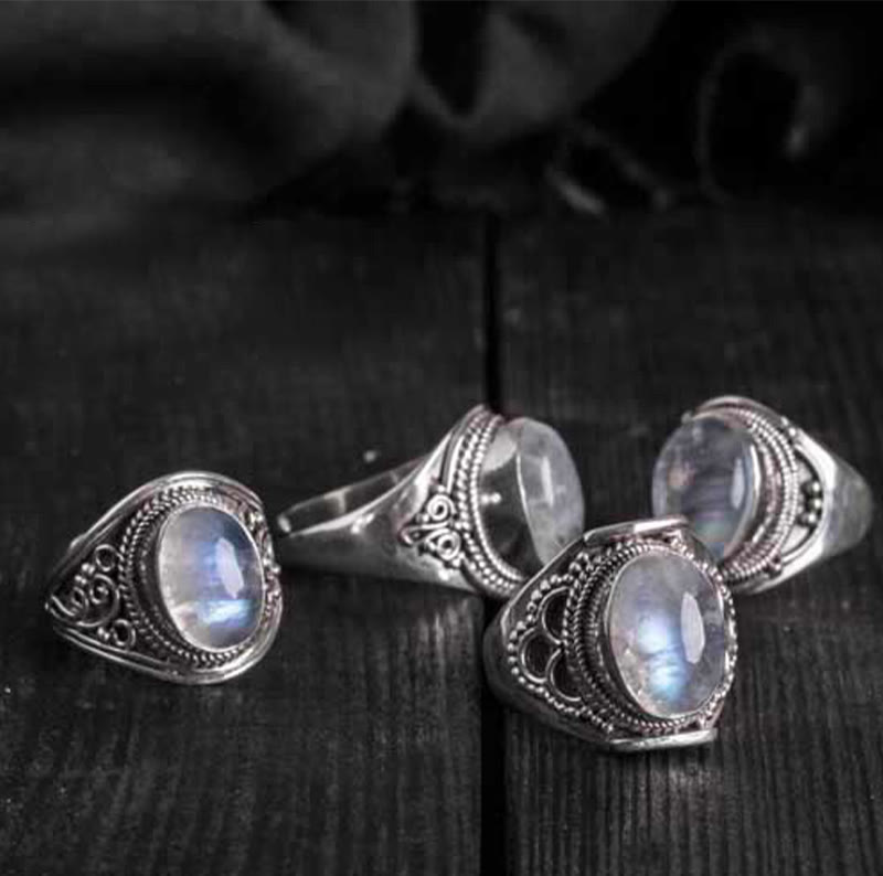 Foviel 925 Sterling Silver Handmade Natural Moonstone Healing Adjustable Ring