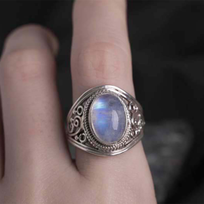 Foviel 925 Sterling Silver Handmade Natural Moonstone Healing Adjustable Ring