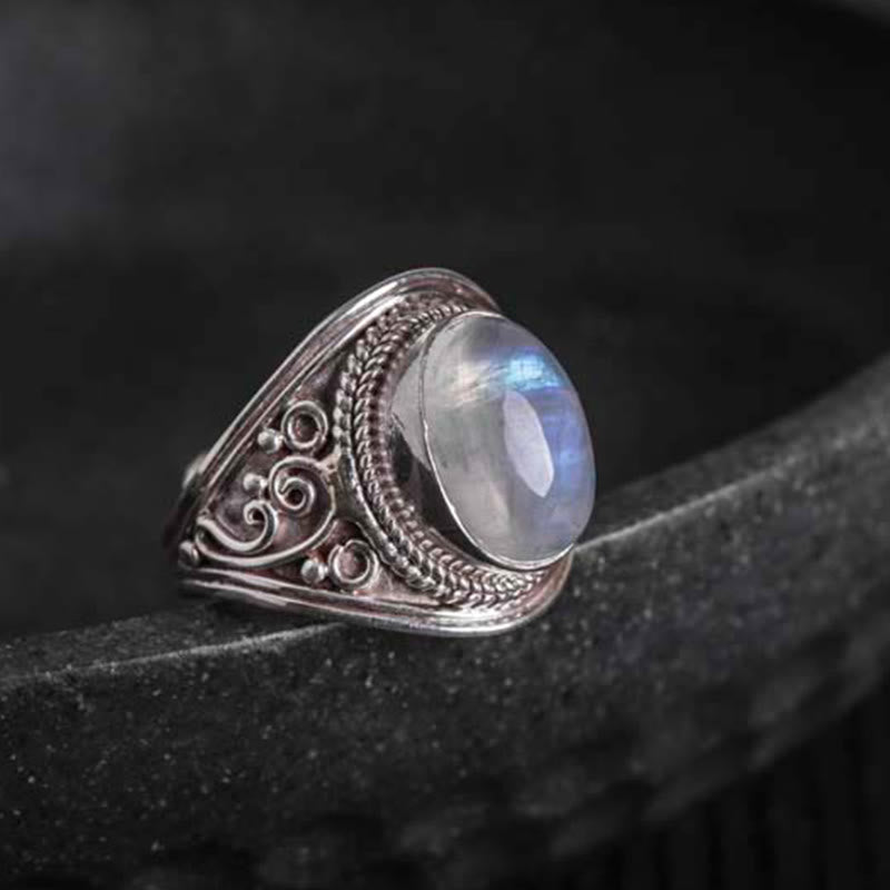 Foviel 925 Sterling Silver Handmade Natural Moonstone Healing Adjustable Ring