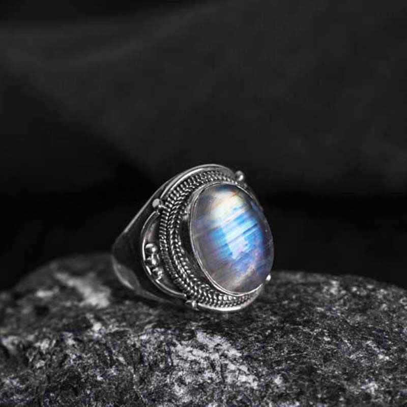 Foviel 925 Sterling Silber Handgefertigte natürliche Mondstein spirituell verstellbarer Ring