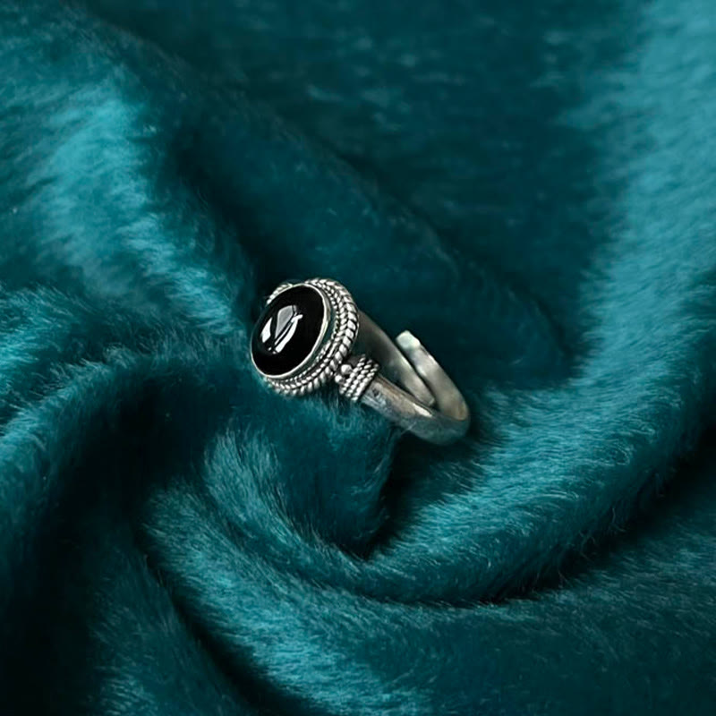 Bague ajustable Foviel en argent sterling 925 fait main avec onyx noir porte-bonheur