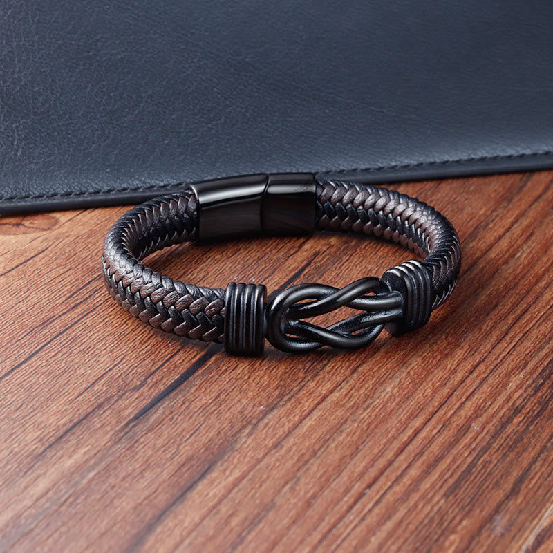 Foviel Endless Knot Pattern Titanium Steel Balance Leather Buckle Bracelet