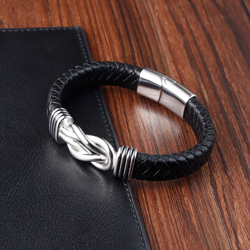 Foviel Endless Knot Pattern Titanium Steel Balance Leather Buckle Bracelet