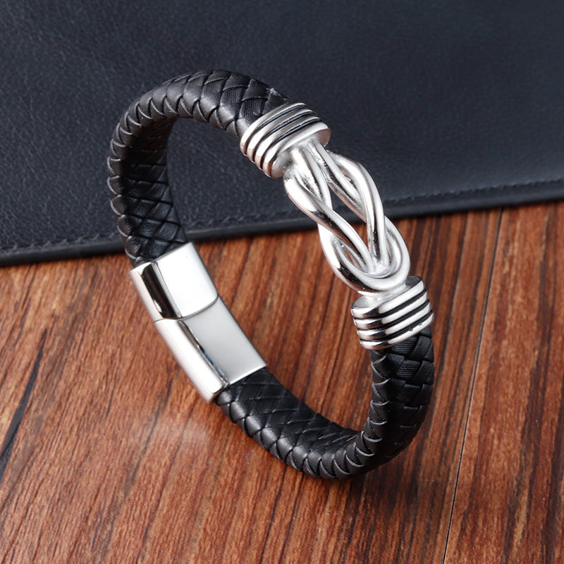 Foviel Endless Knot Pattern Titanium Steel Balance Leather Buckle Bracelet