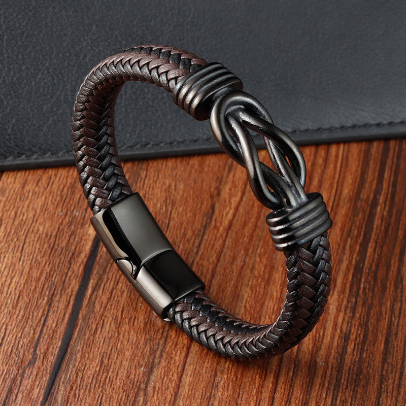 Foviel Endless Knot Pattern Titanium Steel Balance Leather Buckle Bracelet