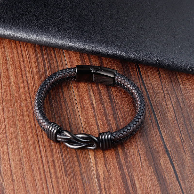 Foviel Endless Knot Pattern Titanium Steel Balance Leather Buckle Bracelet