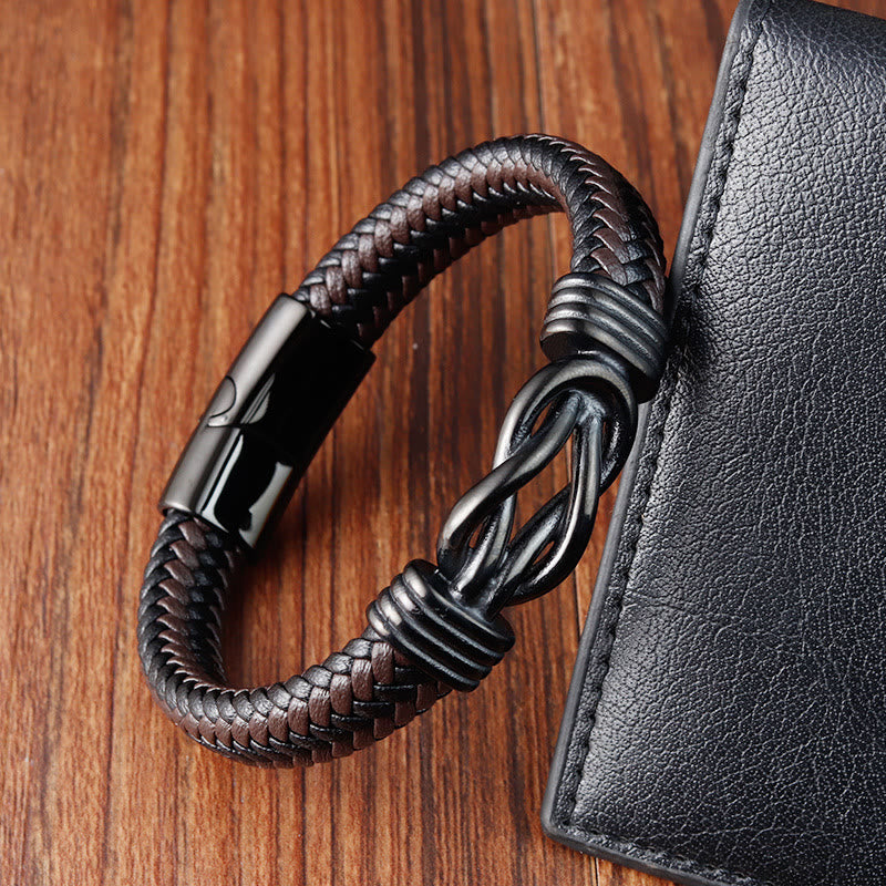 Foviel Endless Knot Pattern Titanium Steel Balance Leather Buckle Bracelet