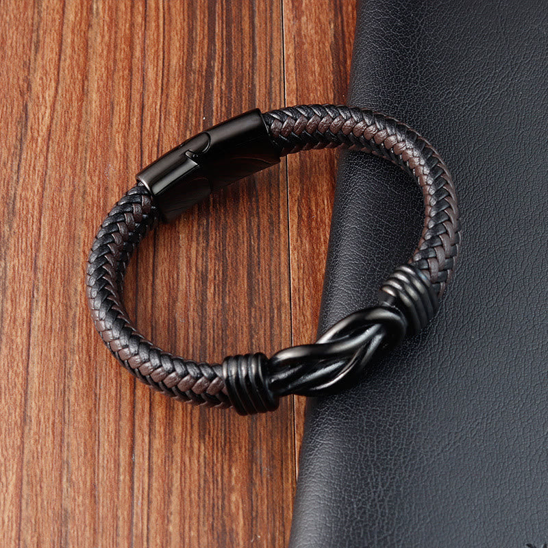 Foviel Endless Knot Pattern Titanium Steel Balance Leather Buckle Bracelet