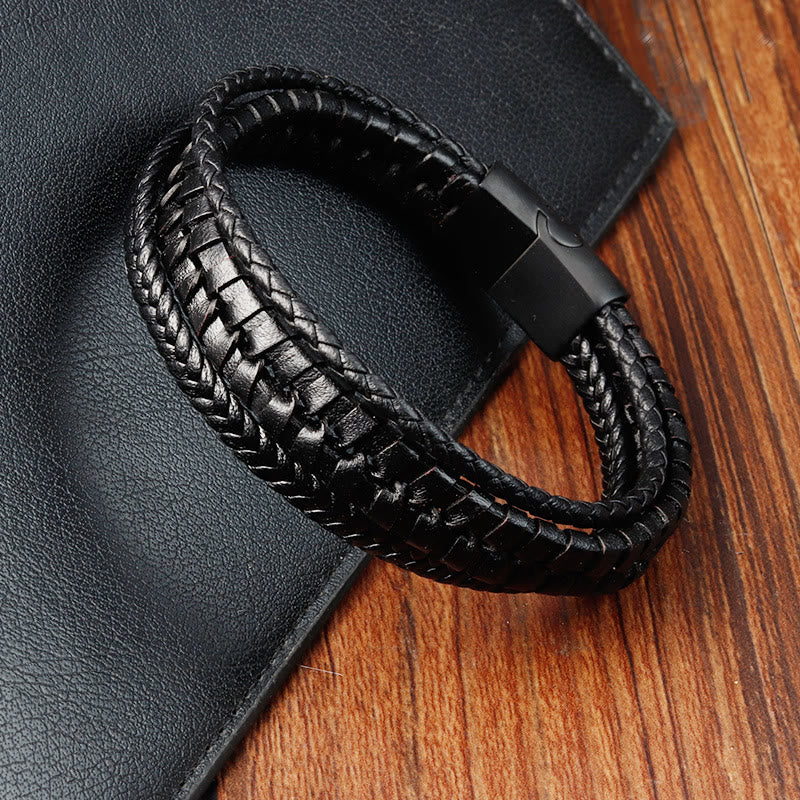 Bracelet Foviel à motif tressé simple en acier titane, cuir multicouche renforcé et boucle
