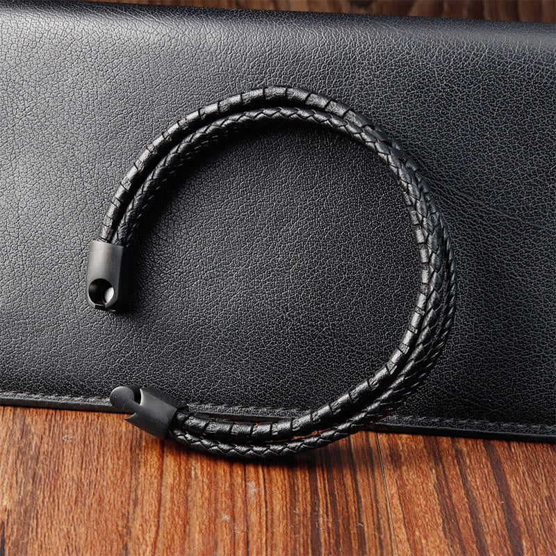 Bracelet Foviel à motif tressé simple en acier titane, cuir multicouche renforcé et boucle