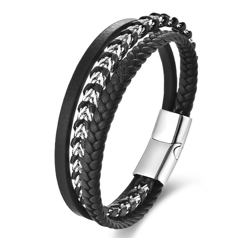 Foviel Braided Design Titanium Steel Calm Multi-layer Leather Buckle Bracelet
