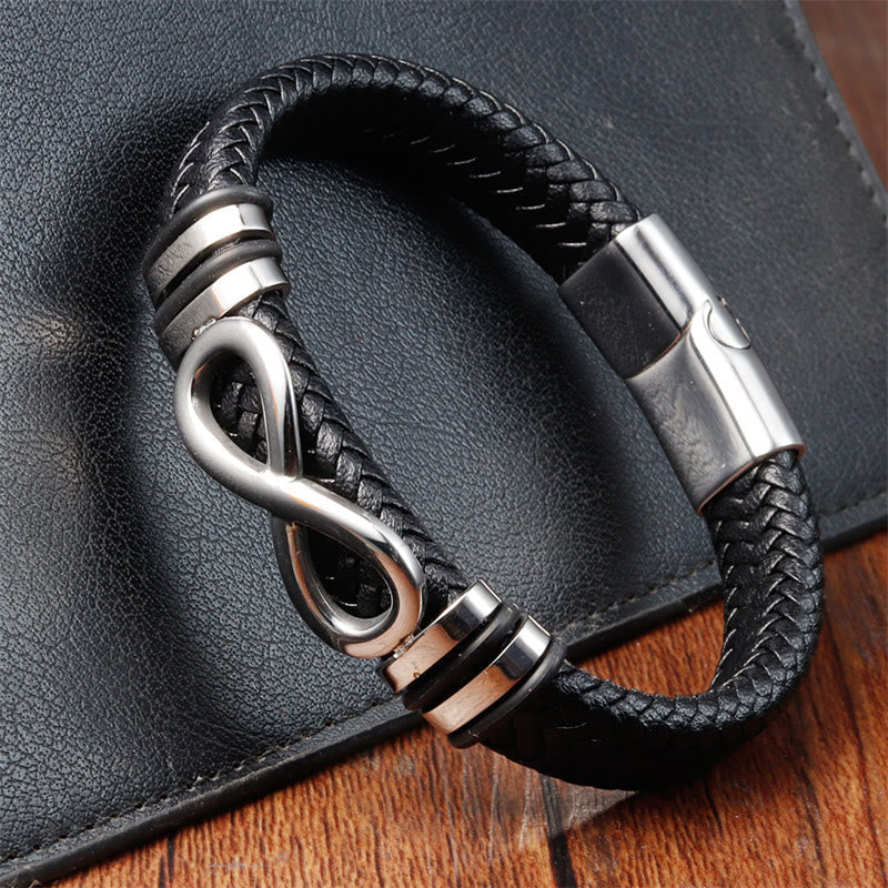 Foviel Endless Knot Design Titanium Steel Strengthen Braided Leather Buckle Bracelet