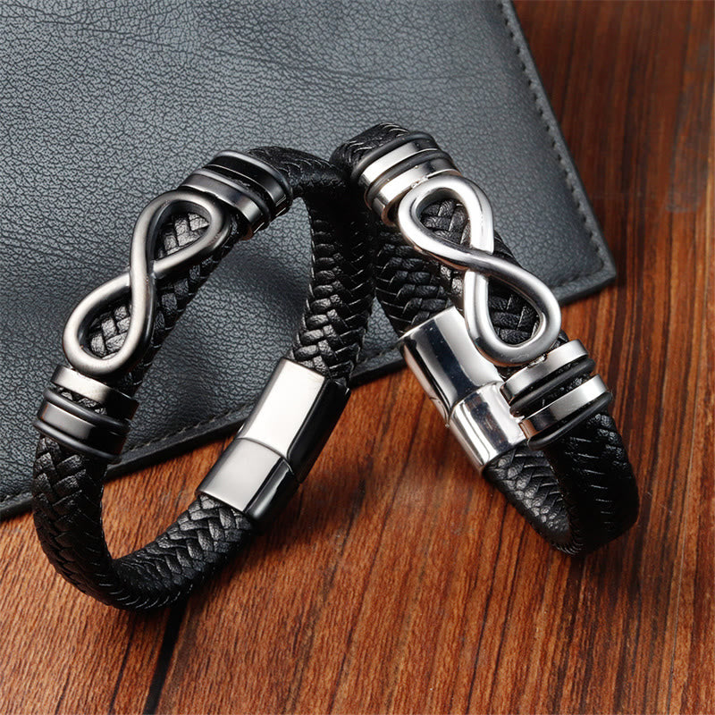 Foviel Endless Knot Design Titanium Steel Strengthen Braided Leather Buckle Bracelet