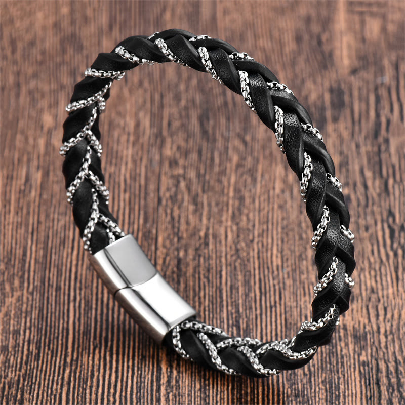 Foviel Simple Design Titanium Steel Calm Braided Leather Buckle Bracelet