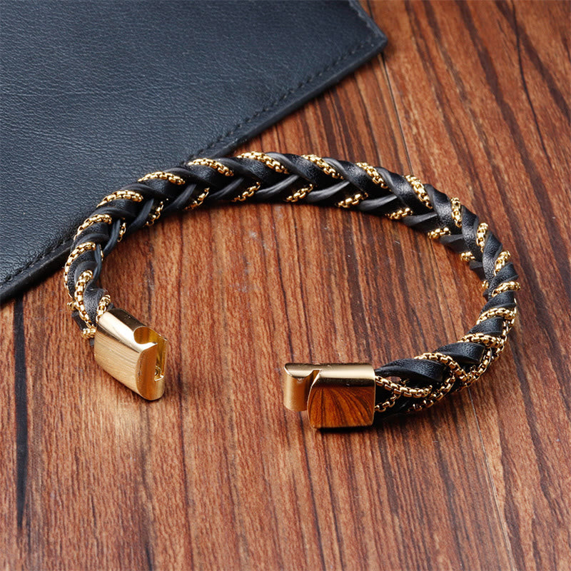 Foviel Simple Design Titanium Steel Calm Braided Leather Buckle Bracelet