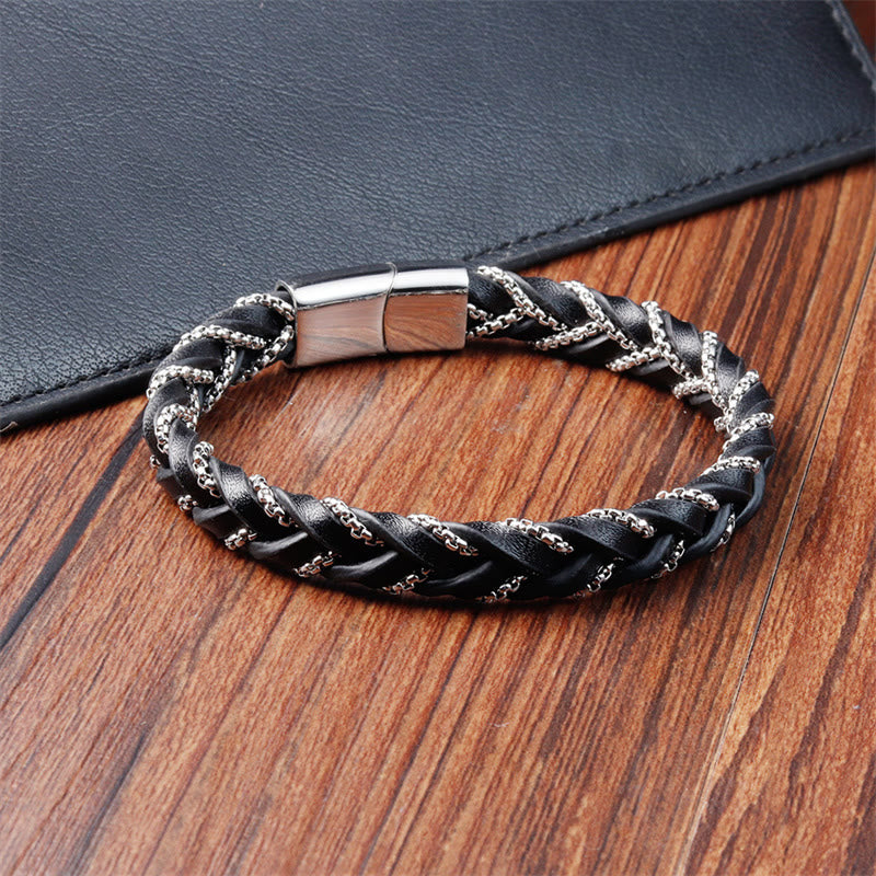 Foviel Simple Design Titanium Steel Calm Braided Leather Buckle Bracelet